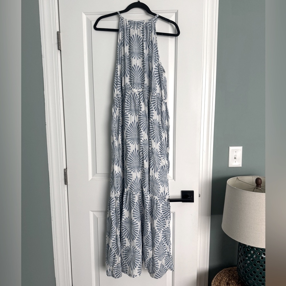 Joie Blue Palm Leaf Print Linen Blend Halter Maxi Dress